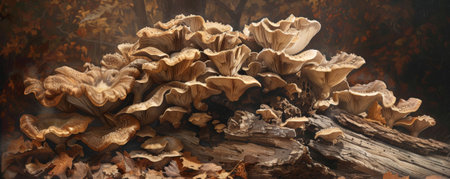 A dense cluster of mushrooms growing on a decaying tree stump, their caps in various shades of brown and beige. The rich, earthy tones and natural textures create a visually captivating scene.の素材