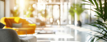 A bright, modern office with a blurred background of stylish decor, comfortable seating, and large windows, giving a fresh and vibrant look.の素材