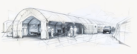 A detailed sketch of a military field hospital, featuring its modular tents, medical equipment, and emergency vehicles. The white background emphasizes the structure's design and functionality.の素材