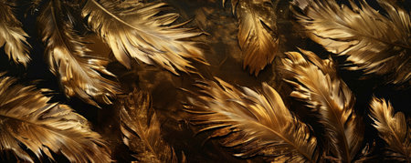 A luxurious background featuring golden feathers with metallic sheen, set against a dark, velvet-like background. The rich colors and textures create an opulent scene.の素材