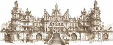 A detailed sketch of a historic European palace, with grand staircases, ornate facades, and symmetrical design. The white background highlights the opulence and architectural complexity.の素材