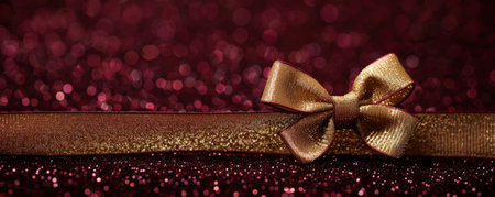 A luxurious gold ribbon bow on a dark burgundy glitter background. The rich colors and sparkling texture create an opulent and elegant aesthetic.の素材
