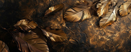 A luxurious background featuring golden feathers with metallic sheen, set against a dark, velvet-like background. The rich colors and textures create an opulent scene.の素材