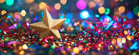 A golden star surrounded by colorful confetti and streamers, set against a radiant background of lights and sparkles. The celebration theme is vibrant and energetic.の素材