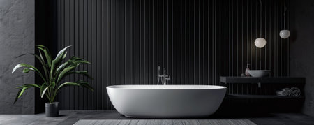 A modern bathroom with a freestanding tub and sleek fixtures, set against a dark, matte black wall. The dark background creates a luxurious and spa-like atmosphere.の素材