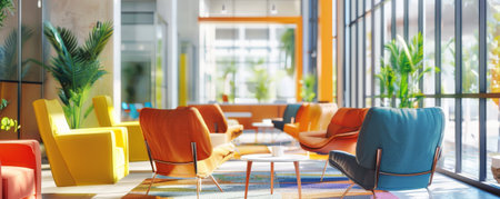 A modern office environment with a blurred background showing a reception area, colorful seating, and natural light, giving a welcoming and vibrant feel.の素材