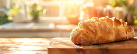 A close-up of a crusty bread loaf with golden-brown crusts on a wooden cutting board. The background is a soft, blurred kitchen setting with plenty of copy space.の素材
