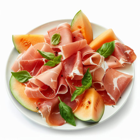 A plate of Italian prosciutto e melone, thinly sliced cured ham served with ripe melon wedges, isolated on white background.の素材