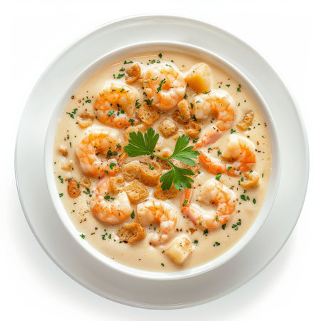A plate of Spanish gazpachuelo, creamy fish soup with mayonnaise, garlic, and bread crumbs, garnished with boiled shrimp, isolated on white background.の素材