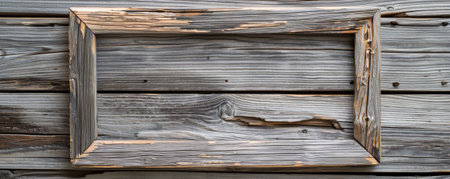 A rustic wooden picture frame with a barn wood finish, set on a reclaimed wooden background. The natural imperfections and textures of both the frame and background evoke a cozy, farmhouse feel.の素材