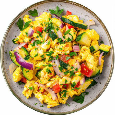 A plate of Spanish zarangollo, scrambled eggs with zucchini, onions, and peppers, garnished with fresh herbs, isolated on white background.の素材