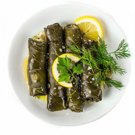 A plate of Turkish dolma, grape leaves stuffed with rice and herbs, garnished with lemon slices and dill, isolated on white background.の素材