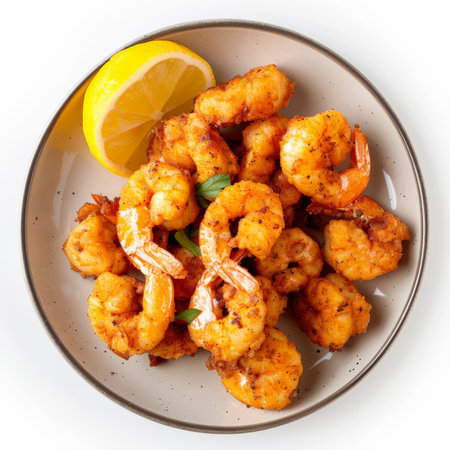 A plate of Spanish tortillitas de camarones, crispy shrimp fritters made with chickpea flour, garnished with lemon wedges, isolated on white background.の素材
