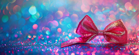 A playful hot pink ribbon bow on a multicolored glitter background. The vibrant colors and sparkling texture create a fun and energetic feel.の素材
