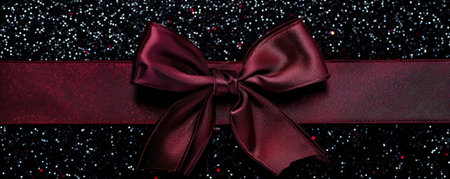 A rich burgundy ribbon bow on a black glitter background. The dark, luxurious colors and sparkling texture create a dramatic and sophisticated feel.の素材