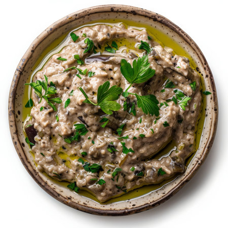A plate of Greek melitzanosalata, a smoky eggplant dip garnished with fresh parsley and a drizzle of olive oil, isolated on white background.の素材