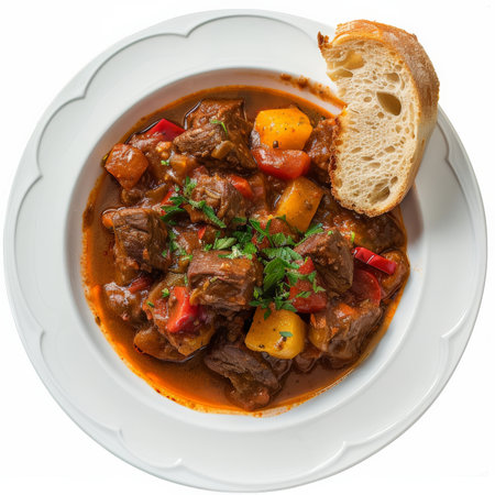 A plate of Hungarian goulash, a rich beef stew with paprika, served with a side of crusty bread, isolated on white background.の素材