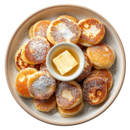 A serving of Dutch poffertjes, small fluffy pancakes dusted with powdered sugar and served with a pat of butter, isolated on white background.の素材