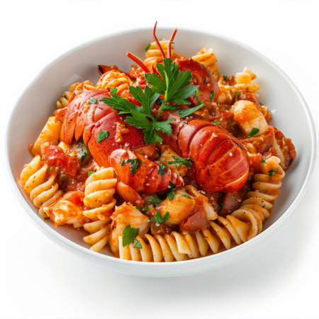 A serving of Greek astakomakaronada, lobster pasta in a rich tomato sauce, garnished with fresh parsley, isolated on white background.の素材