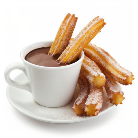A serving of Spanish churros, fried dough pastry sprinkled with sugar, served with a cup of thick hot chocolate for dipping, isolated on white background.の素材