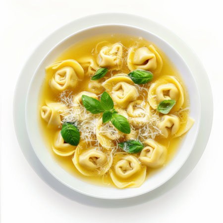 A serving of Italian tortellini in brodo, stuffed pasta in a clear meat broth, garnished with grated Parmesan, isolated on white background.の素材
