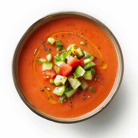 A serving of Spanish gazpacho, a chilled tomato-based soup garnished with diced vegetables and a drizzle of olive oil, isolated on white background.の素材