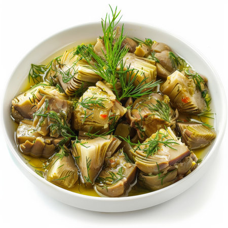 A serving of Turkish zeytinyaÃÅ¸lÃÂ± enginar, artichokes cooked in olive oil with vegetables, garnished with fresh dill, isolated on white background.の素材