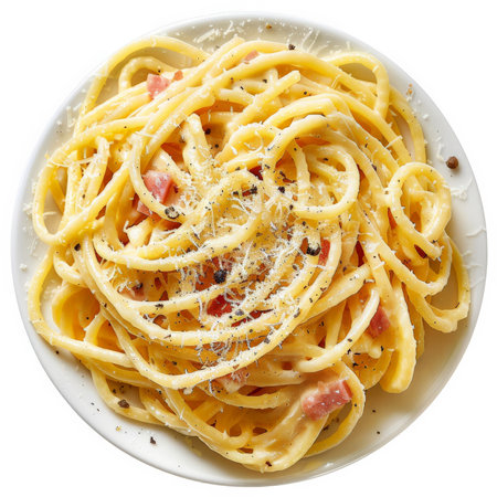 A serving of Italian spaghetti carbonara, creamy pasta with pancetta, egg, and Parmesan cheese, garnished with black pepper, isolated on white background.の素材