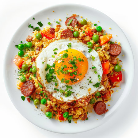 A serving of Spanish migas, breadcrumbs sautÃÂ©ed with garlic, chorizo, and vegetables, garnished with fried eggs, isolated on white background.の素材