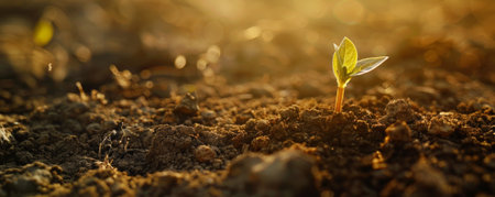 A single seedling pushing through the soil, bathed in warm sunlight. The rich, dark earth contrasts with the delicate green leaves, symbolizing new beginnings.の素材
