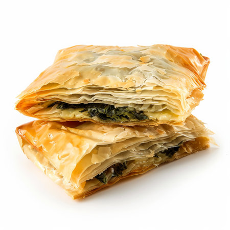 A serving of Turkish ispanaklÃÂ± bÃÂ¶rek, phyllo pastry filled with spinach and cheese, baked until golden and crispy, isolated on white background.の素材