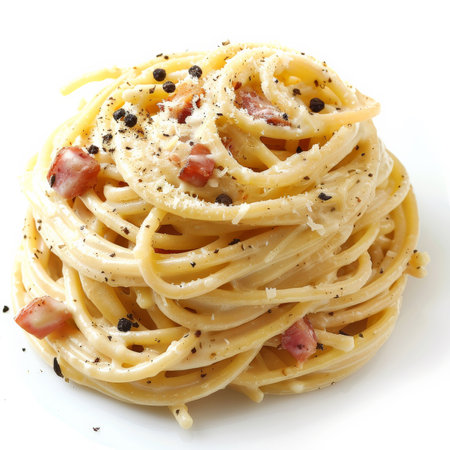 A serving of Italian spaghetti carbonara, creamy pasta with pancetta, egg, and Parmesan cheese, garnished with black pepper, isolated on white background.の素材