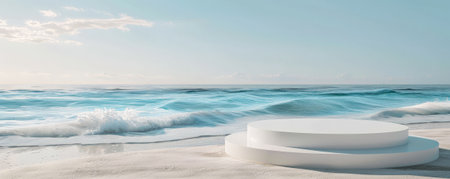 A sleek, modern podium on a serene beach with a background of calm blue waves and a clear sky. Use soft pastels and neutral sandy tones for a tranquil atmosphere.の素材