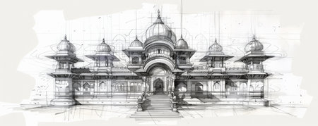 A sketch of a traditional Indian temple, with intricately carved stonework, domes, and symmetrical design. The white background highlights the cultural and spiritual richness of the architecture.の素材