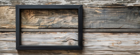 A sleek, black wooden picture frame with a glossy finish, placed on a rustic wooden background. The modern frame contrasts with the natural, rough texture of the wood, highlighting both elements.の素材