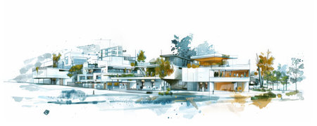 A sketch of a futuristic mixed-use building, with retail, residential, and green spaces integrated into a single innovative structure. The white background emphasizes the versatility and modern design.の素材
