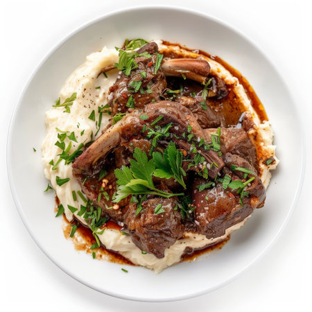 A serving of Turkish hÃÂ¼nkar beÃÅ¸endi, braised lamb served on a bed of creamy eggplant puree, garnished with fresh herbs, isolated on white background.の素材