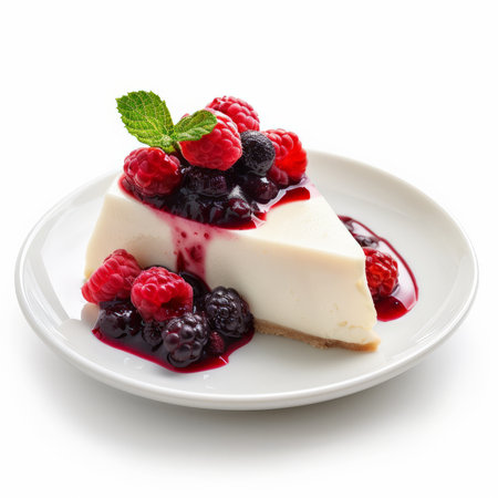 A slice of Italian panna cotta, creamy dessert topped with berry compote, isolated on white background.の素材