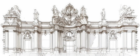 A sketch of a Renaissance-style building, with symmetrical facades, ornate columns, and detailed sculptures. The white background highlights the classical elegance and artistry of the architecture.の素材