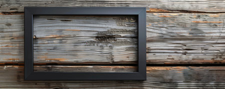 A sleek, black wooden picture frame with a glossy finish, placed on a rustic wooden background. The modern frame contrasts with the natural, rough texture of the wood, highlighting both elements.の素材