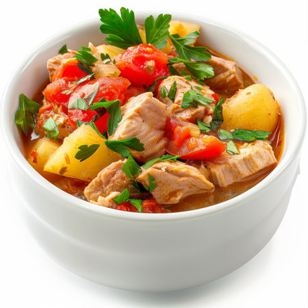 A serving of Spanish marmitako de atÃÂºn, tuna stew with potatoes, tomatoes, and peppers, garnished with parsley, isolated on white background.の素材