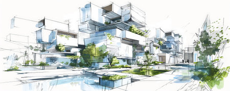 A sketch of a futuristic residential complex, with modular units, green spaces, and advanced technology. The white background highlights the forward-thinking and sustainable design.の素材
