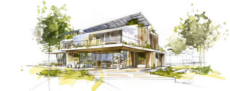 A sketch of a contemporary sustainable building, with green roofs, solar panels, and natural materials. The white background emphasizes the eco-friendly and innovative design.の素材