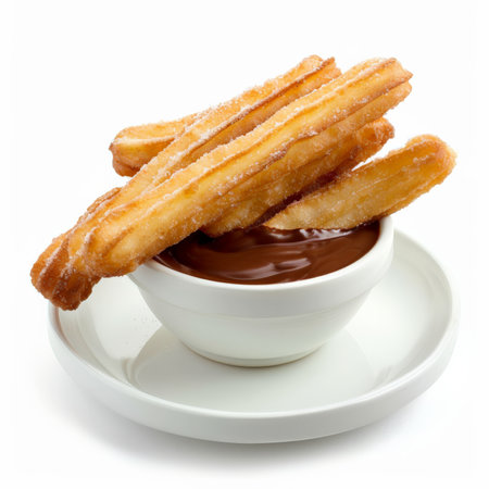 A traditional Spanish churros con chocolate, fried dough pastry served with thick hot chocolate for dipping, isolated on white background.の素材