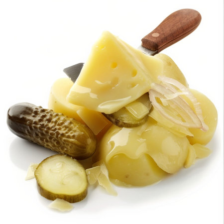 A slice of Swiss raclette cheese, melted and scraped onto boiled potatoes, served with pickles and onions, isolated on white background.の素材