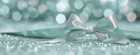 A soft mint green ribbon bow on a silver glitter background. The fresh color and shimmering backdrop create a refreshing and elegant look.の素材