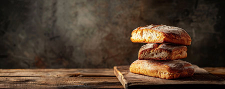 A stack of warm, freshly baked bread loaves on a rustic wooden table. The background is a dark, textured wall with ample copy space, highlighting the bread's texture and color.の素材