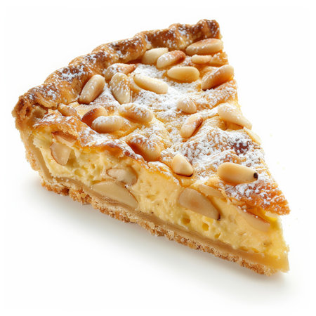 A slice of Italian torta della nonna, a custard pie topped with pine nuts and powdered sugar, isolated on white background.の素材