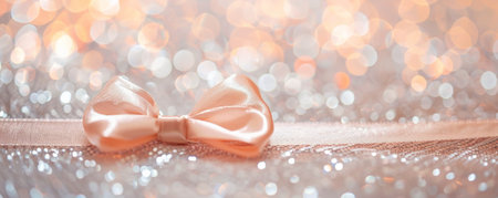 A soft peach ribbon bow on a silver and white glitter background. The gentle colors and sparkling texture create a delicate and elegant look.の素材