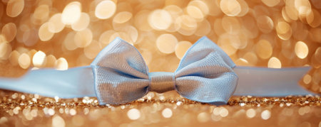 A soft periwinkle blue ribbon bow on a gold glitter background. The gentle color and shimmering backdrop create a delicate and elegant feel.の素材